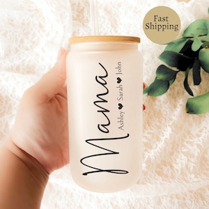 Personalized Mama Glass Tumbler with Kids Name, Custom Grandma Tumbler with Lid and Straw, Nana Tumbler with Grandkids Name, New Mother Gift