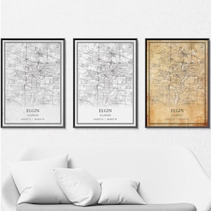 Poster della mappa di Elgin, Illinois – Grigio Vintage, Moderno Minimalista o Vintage Elegance Wall Art, Stampa personalizzata o Tela