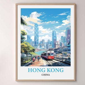 Hong Kong Travel Poster, Hong Kong Skyline Wall Art Print, Hong Kong Cityscape, Vintage Watercolor Decor, Asia Travel Gift