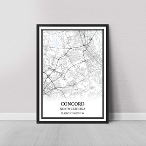 Concord North Carolina Map Poster – Black and White Map Print, Canvas Wall Art
