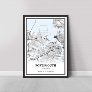 Portsmouth Virginia Map Poster – Black and White Map Print, Canvas Wall Art