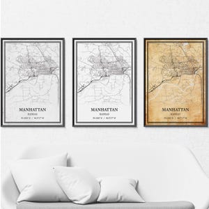 Manhattan, Kansas Map Poster – Street & Road Map, Gray Vintage, Modern Minimalist, or Vintage Elegance, Custom Print or Canvas