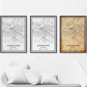 Impression sur toile de carte de Schenectady New York, art mural de carte routière moderne ou vintage, carte de Schenectady personnalisée pour décoration de maison ou de bureau