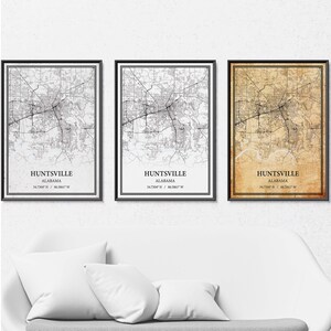 Affiche de carte de Huntsville, Alabama - Carte des rues et des routes en gris vintage, minimalisme moderne ou élégance vintage, impression personnalisée ou toile