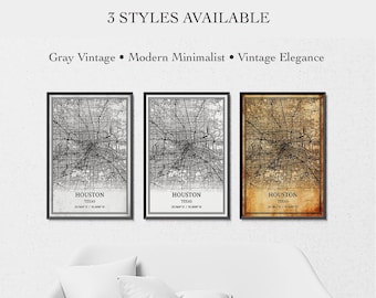 Houston Texas Map Poster – City Street Map Wall Art, Housewarming Gift, Canvas Wrap or Print, Gray Vintage, Modern Minimalist
