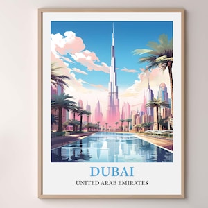Dubai UAE Travel Poster, Burj Khalifa Wall Art Print, Dubai Skyline Cityscape, Vintage Watercolor Decor, United Arab Emirates Travel Gift