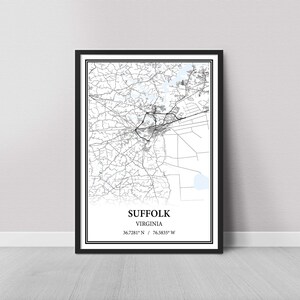 Suffolk Virginia Map Poster Print Canvas, Modern or Vintage Road Map Wall Art, Custom Suffolk Map for Home or Office Decor