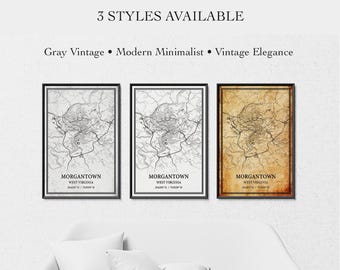 Morgantown West Virginia Map Poster – City Street Map Wall Art, Housewarming Gift, Canvas Wrap or Print, Gray Vintage, Modern Minimalist