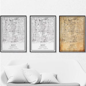 Impression sur toile, carte du Kent Washington, carte routière moderne ou vintage art mural, carte du Kent personnalisée pour la maison ou la décoration de bureau