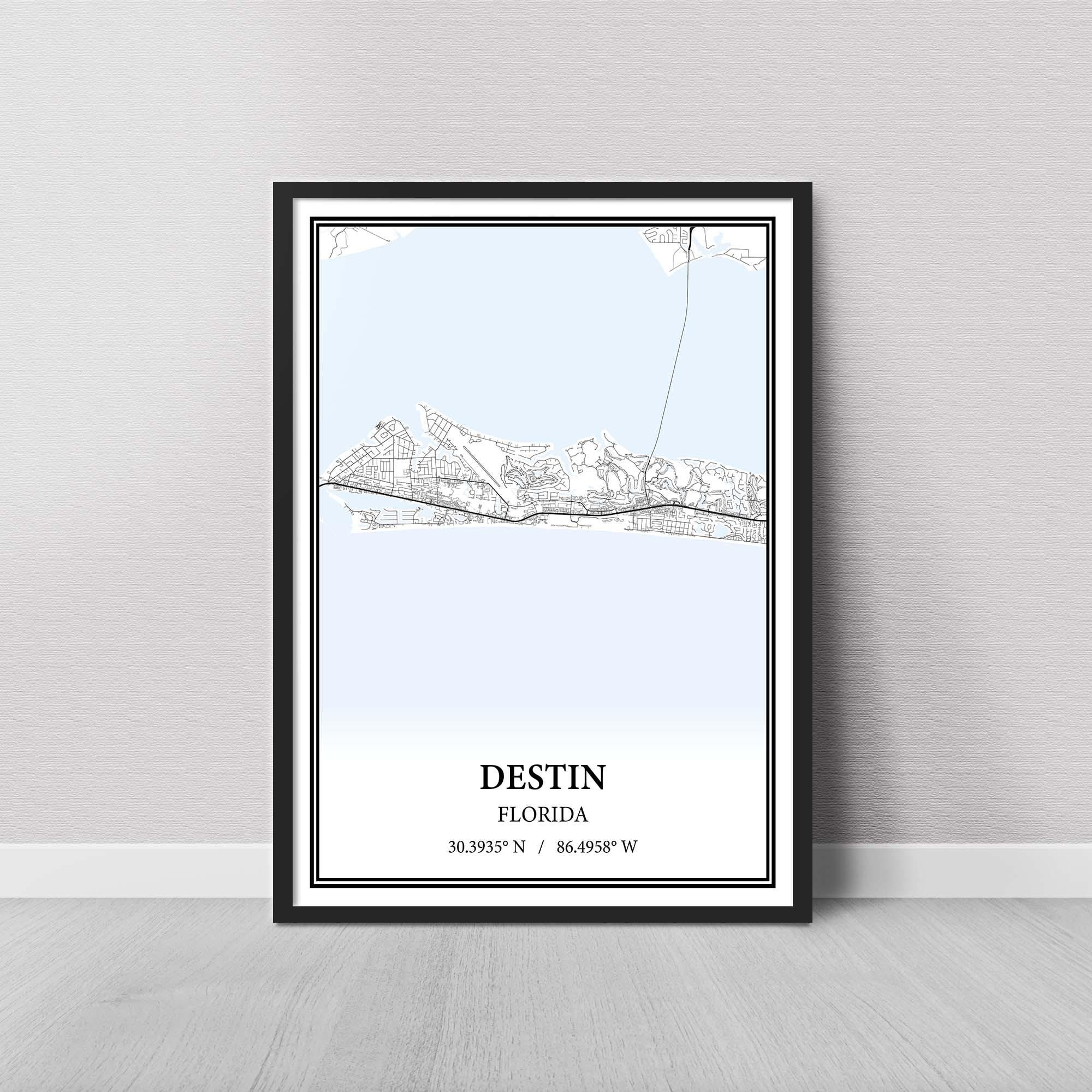 Destin Florida Map Poster Print Canvas, Modern or Vintage Road Map Wall Art, Custom Destin Map for Home or Office Decor