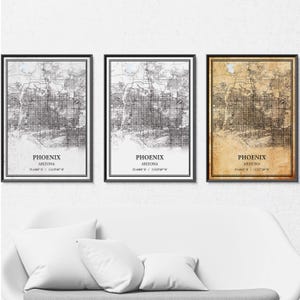 Poster de carte de Phoenix, Arizona - Carte des rues et des routes en gris vintage, minimalisme moderne ou élégance vintage, impression personnalisée ou toile