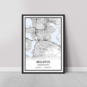Bellevue Washington Map Poster – Black and White Map Print, Canvas Wall Art