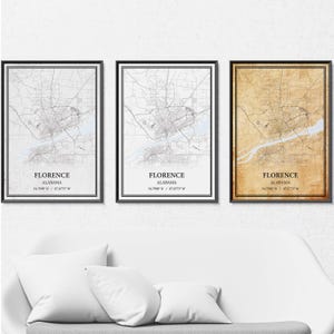 Affiche de carte de Florence, Alabama - Carte des rues et des routes en gris vintage, minimalisme moderne ou élégance vintage, impression personnalisée ou toile