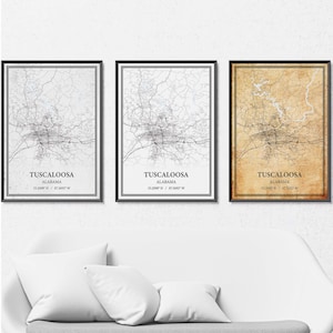 Póster con mapa de Tuscaloosa, Alabama: mapa de calles y carreteras en gris vintage, minimalista moderno o elegancia vintage, impresión personalizada o lienzo