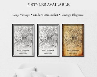 Chattanooga Tennessee Map Poster – City Street Map Wall Art, Housewarming Gift, Canvas Wrap or Print, Gray Vintage, Modern Minimalist