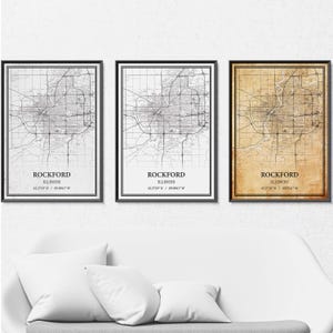 Affiche de carte de Rockford, Illinois - Art mural gris vintage, minimaliste moderne ou vintage, impression personnalisée ou toile