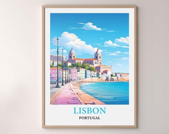 Lisbon Travel Poster, Alfama Cityscape, Vintage Watercolor Print