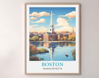 Boston Skyline Art Print, Vintage Watercolor Cityscape Poster