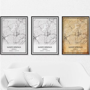 Affiche de carte de Sandy Springs, Géorgie - Art mural gris vintage, minimaliste moderne ou élégance vintage, impression personnalisée ou toile