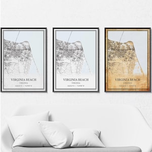 Virginia Beach Virginia carte affiche impression toile, art mural carte routière moderne ou vintage, carte Virginia Beach personnalisée pour décoration de maison ou de bureau