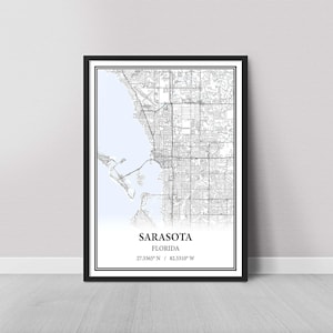 Sarasota Florida Map Poster – Black and White Map Print, Canvas Wall Art