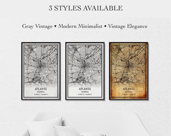 Atlanta, Georgia Map Poster – Black and White and Vintage City Print, Canvas or Poster