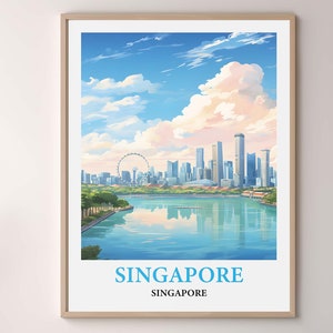 Singapore Travel Poster, Singapore Skyline Wall Art Print, Marina Bay Sands Cityscape Vintage Watercolor Decor, Modern Asia Travel Gift