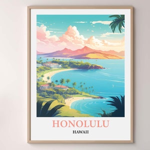 Honolulu Hawaii Travel Poster, Honolulu Skyline Wall Art Print, Honolulu Cityscape, Vintage Watercolor Decor, Hawaii Travel Gift