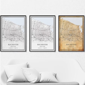 Rochester New York kaart poster print canvas, moderne of vintage wegenkaart muurkunst, aangepaste Rochester kaart voor thuis of op kantoor