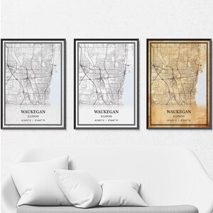 Affiche de carte de Waukegan, Illinois - Art mural gris vintage, minimaliste moderne ou élégance vintage, impression personnalisée ou toile