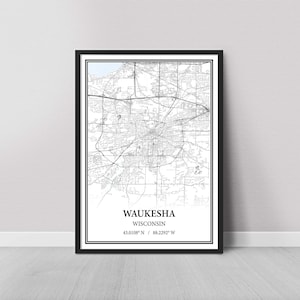Waukesha Wisconsin Map Poster – Black and White Map Print, Canvas Wall Art