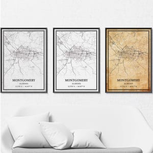 Montgomery, Alabama kaartposter – straten- en wegenkaart in grijs vintage, modern minimalistisch of vintage elegantie, aangepaste print of canvas