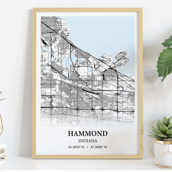 Hammond City Map Poster, Map of Hammond Indiana, Travel Decor Gift, Map Wall Art, City Landscape Print , Modern City Map Decor