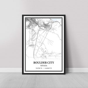 May include: Black and white map print of Boulder City, Nevada. The map shows the city's streets and roads. The text "Boulder City, Nevada" and the coordinates "35.9782° N / 114.8345° W" are printed below the map.