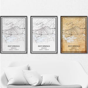 Affiche de carte de Hot Springs, Arkansas - Styles gris vintage, minimaliste moderne ou élégance vintage, art mural de carte de rue et de carte routière