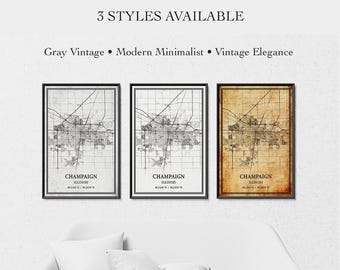 Carte de Champaign (Illinois) - Affiche murale, plan de la ville, cadeau de pendaison de crémaillère, impression sur toile ou imprimée, gris vintage, style minimaliste moderne