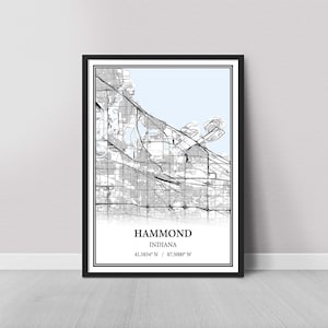 May include: Black and white map print of Hammond, Indiana. The map shows the city streets and includes the coordinates 41.5834° N / 87.5000° W.