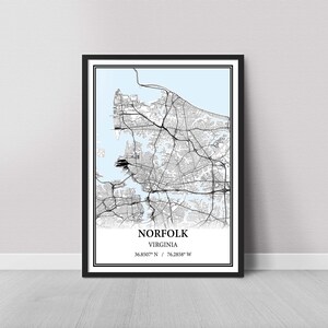 Norfolk Virginia Map Poster Print Canvas, Modern or Vintage Road Map Wall Art, Custom Norfolk Map for Home or Office Decor