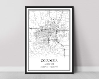 Columbia Missouri Map Poster – Black and White Map Print, Canvas Wall Art