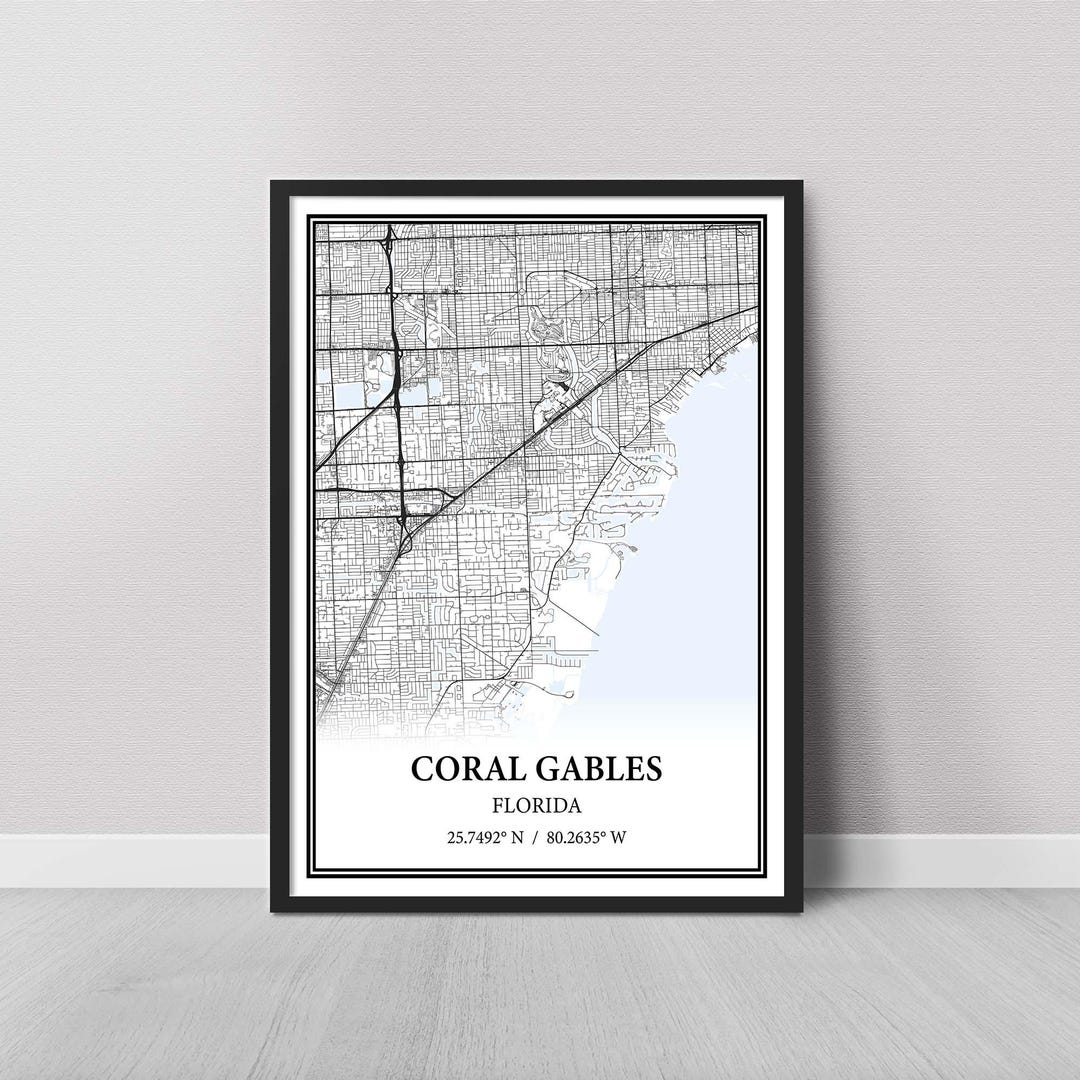 Coral Gables Florida Map Poster Black And White City Map Print Il 2ez3 