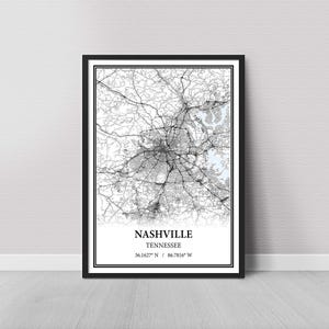 Nashville Tennessee Map Poster – Gray Vintage, Modern Minimalist, or Vintage Elegance Styles, Street & Road Map Wall Art