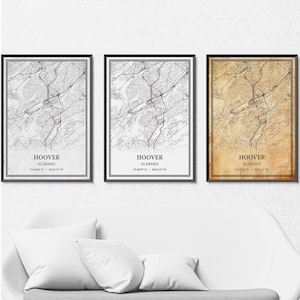 Affiche de carte de Hoover, Alabama - Carte des rues et des routes en gris vintage, minimalisme moderne ou élégance vintage, impression personnalisée ou toile
