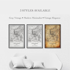 Cincinnati Ohio Kaartposter – Stadsplattegrond muurdecoratie, housewarming cadeau, canvasprint of -doek, grijs vintage, modern minimalistisch