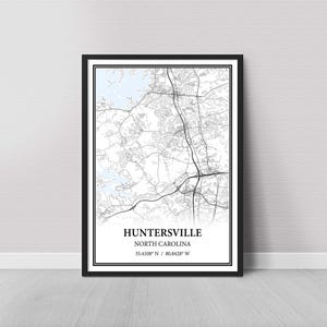 Huntersville North Carolina Map Poster – Black and White Map Print, Canvas Wall Art