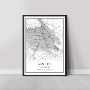 Poster con mappa di San Jose, California – Stampa mappa in bianco e nero, stampa su tela