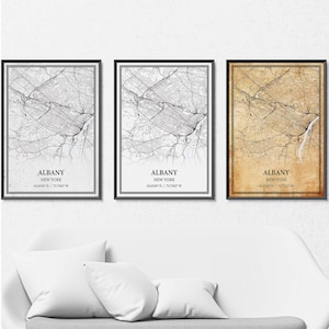 Toile imprimée carte Albany New York, carte routière moderne ou vintage art mural, carte Albany personnalisée pour décoration de maison ou de bureau