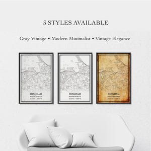 Hingham Massachusetts Map Poster – City Street Map Wall Art, Housewarming Gift, Canvas Wrap or Print, Gray Vintage, Modern Minimalist