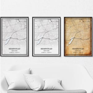 Toile imprimée carte Hempstead New York, carte routière moderne ou vintage art mural, carte Hempstead personnalisée pour décoration de maison ou de bureau