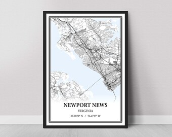 Newport News Virginia Map Poster – Black and White Map Print, Canvas Wall Art