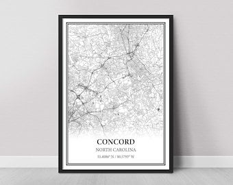 Concord North Carolina Karte Poster - Schwarz-Weiß-Karte Druck, Leinwand Wandkunst